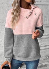 Grey tops,Light Pink tops,Contrast Color tops,ROTITA Patchwork Grey Asymmetrical Neck Long Sleeve Sweatshirt