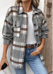 Grey tops,Dark Grey tops,Plaid tops,Geometric tops,Tummy Coverage Plaid Grey Turn Down Collar Coat