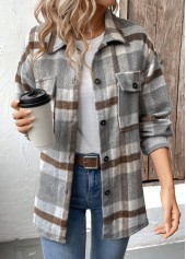 Grey tops,Dark Grey tops,Plaid tops,Geometric tops,Tummy Coverage Plaid Grey Turn Down Collar Coat