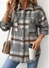 Grey tops,Dark Grey tops,Plaid tops,Geometric tops,Tummy Coverage Plaid Grey Turn Down Collar Coat