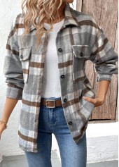 Grey tops,Dark Grey tops,Plaid tops,Geometric tops,Tummy Coverage Plaid Grey Turn Down Collar Coat