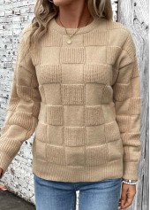 Light Coffee tops,Plain Color tops,Patchwork Light Coffee Round Neck Long Sleeve Sweater