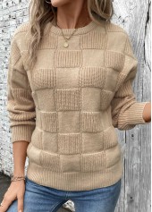 Light Coffee tops,Plain Color tops,Patchwork Light Coffee Round Neck Long Sleeve Sweater