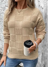 Light Coffee tops,Plain Color tops,Patchwork Light Coffee Round Neck Long Sleeve Sweater