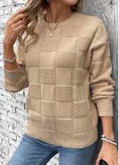 Light Coffee tops,Plain Color tops,Patchwork Light Coffee Round Neck Long Sleeve Sweater