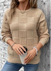 Light Coffee tops,Plain Color tops,Patchwork Light Coffee Round Neck Long Sleeve Sweater