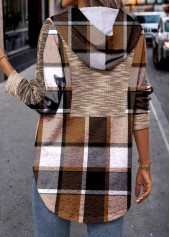 Dark Coffee plus size,Plaid plus size,ROTITA Plus Size Snap Button Dark Coffee Plaid Hoodie