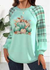 Mint Green plus size,Halloween plus size,Plaid plus size,Striped plus size,Plants plus size,ROTITA Plus Size Patchwork Mint Green Round Neck Sweatshirt