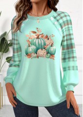 ROTITA Plus Size Patchwork Mint Green Round Neck Sweatshirt
