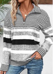 Black tops,Striped tops,Geometric tops,ROTITA Zipper Striped Black Turn Down Collar Long Sleeve Sweatshirt