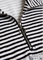 Black tops,Striped tops,Geometric tops,ROTITA Zipper Striped Black Turn Down Collar Long Sleeve Sweatshirt