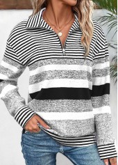 Black tops,Striped tops,Geometric tops,ROTITA Zipper Striped Black Turn Down Collar Long Sleeve Sweatshirt