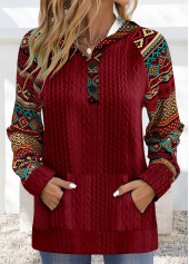 Wine Red tops,Tribal tops,ROTITA Patchwork Tribal Print Wine Red Long Sleeve Hoodie