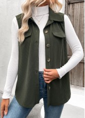 Olive Green plus size,Plain Color plus size,ROTITA Plus Size Patchwork Olive Green Shirt Collar Corduroy Waistcoat