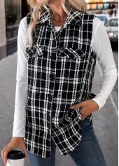 Black tops,Plaid tops,ROTITA Patchwork Plaid Black Turn Down Collar Sleeveless Waistcoat