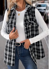 Black tops,Plaid tops,ROTITA Patchwork Plaid Black Turn Down Collar Sleeveless Waistcoat