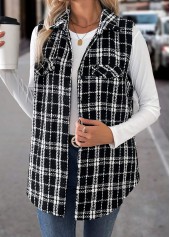 Black tops,Plaid tops,ROTITA Patchwork Plaid Black Turn Down Collar Sleeveless Waistcoat
