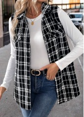 Rotita Patchwork karierte schwarze Weste mit Umlegekragen und Ärmeln