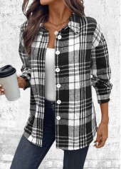 Black tops,Plaid tops,Striped tops,Geometric tops,ROTITA Button Plaid Black Long Sleeve Shirt