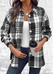 Black tops,Plaid tops,Striped tops,Geometric tops,ROTITA Button Plaid Black Long Sleeve Shirt