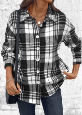Black tops,Plaid tops,Striped tops,Geometric tops,ROTITA Button Plaid Black Long Sleeve Shirt