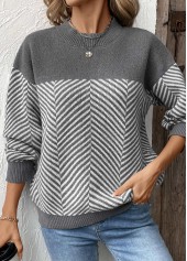 Dark Grey Marl tops,Striped tops,Geometric tops,Patchwork Striped Dark Grey Marl Round Neck Sweater