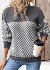 Dark Grey Marl tops,Striped tops,Geometric tops,Patchwork Striped Dark Grey Marl Round Neck Sweater