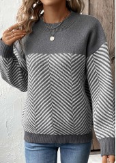 Dark Grey Marl tops,Striped tops,Geometric tops,Patchwork Striped Dark Grey Marl Round Neck Sweater