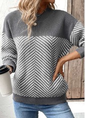 Dark Grey Marl tops,Striped tops,Geometric tops,Patchwork Striped Dark Grey Marl Round Neck Sweater