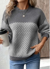 pull col rond patchwork rayé gris foncé chiné