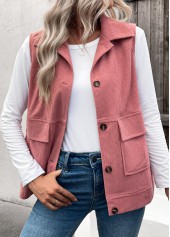 Dusty Pink tops,Plain Color tops,ROTITA Button Up Dusty Pink Turn Down Collar Corduroy Waistcoat