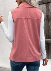 Dusty Pink tops,Plain Color tops,ROTITA Button Up Dusty Pink Turn Down Collar Corduroy Waistcoat