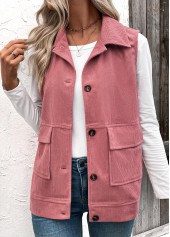 Dusty Pink tops,Plain Color tops,ROTITA Button Up Dusty Pink Turn Down Collar Corduroy Waistcoat