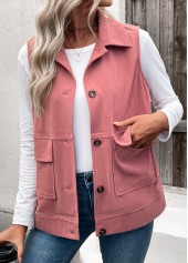 Dusty Pink tops,Plain Color tops,ROTITA Button Up Dusty Pink Turn Down Collar Corduroy Waistcoat