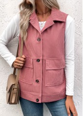Dusty Pink tops,Plain Color tops,ROTITA Button Up Dusty Pink Turn Down Collar Corduroy Waistcoat