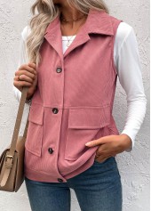 Dusty Pink tops,Plain Color tops,ROTITA Button Up Dusty Pink Turn Down Collar Corduroy Waistcoat