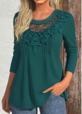 Blackish Green tops,Plain Color tops,ROTITA Patchwork Blackish Green Round Neck Long Sleeve T Shirt