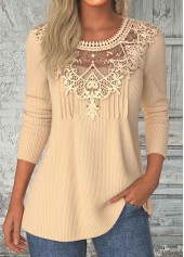 t-shirt à manches longues et col rond en patchwork de couleur camel clair Rotita