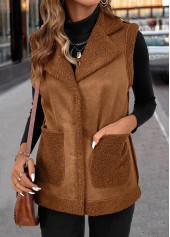 Dark Coffee tops,Plain Color tops,ROTITA Patchwork Dark Coffee Turn Down Collar Sleeveless Waistcoat