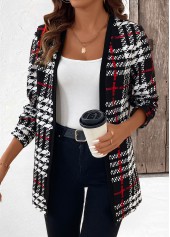 Black tops,Plaid tops,Geometric tops,Striped tops,ROTITA Patchwork Plaid Black Long Sleeve Coat