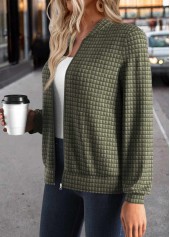 Olive Green tops,Plain Color tops,ROTITA Jacquard Olive Green Stand Collar Long Sleeve Jacket