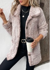 Gray Brown tops,Plain Color tops,Button Gray Brown Turn Down Collar Long Sleeve Coat