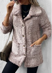 Gray Brown tops,Plain Color tops,Button Gray Brown Turn Down Collar Long Sleeve Coat