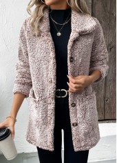 Gray Brown tops,Plain Color tops,Button Gray Brown Turn Down Collar Long Sleeve Coat