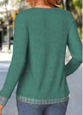 Turquoise tops,Plaid tops,Geometric tops,ROTITA Plaid Turquoise Long Sleeve Fake Two Piece Twinset