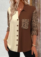 Dark Camel tops,Leopard tops,ROTITA Patchwork Leopard Dark Camel Long Sleeve Corduroy Shirt