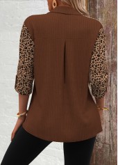 Dark Camel tops,Leopard tops,ROTITA Patchwork Leopard Dark Camel Long Sleeve Corduroy Shirt