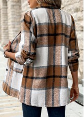 Dark Camel tops,Plaid tops,Button Plaid Dark Camel Lapel Long Sleeve Coat
