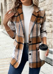 Dark Camel tops,Plaid tops,Button Plaid Dark Camel Lapel Long Sleeve Coat