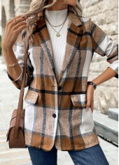 Dark Camel tops,Plaid tops,Button Plaid Dark Camel Lapel Long Sleeve Coat